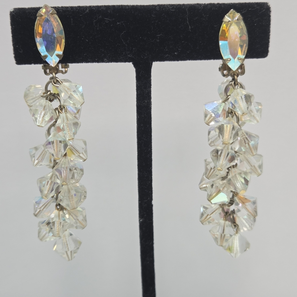 lewis segal california ab crystal waterfall clip earrings 2.5in long